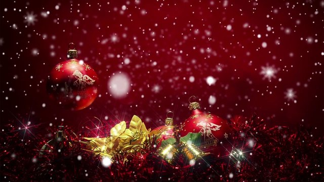 snowy red christmas background with red ball and snowflakes