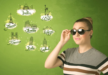 Happy young girl with sunglasses traveling to cities around the