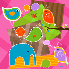 cute birds and elephant with bubbles speech