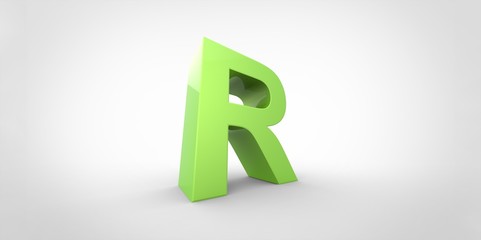 R 3D font big neon green letter on white gray background