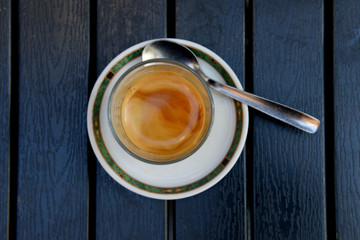 Black coffe on a wooden table from above