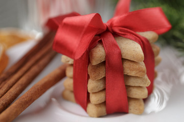 homemade star cookies tied with ribbon