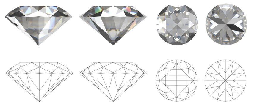 Image of diamond from four sides with technical drawing of folds
