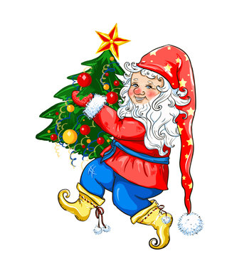 Gnome with a Christmas Tree, Santa and Christmas tree