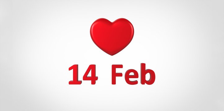 14 Feb 3D red text and heart on white gray background