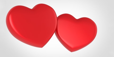 Two red 3D Hearts on white grey background