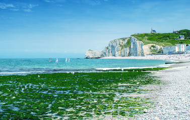 Awesome cliffs of Etretat in Normandy. Geological rocks shapes