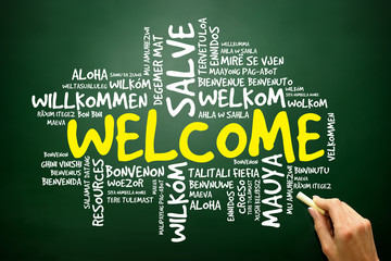 Word cloud of WELCOME in different languages on blackboard