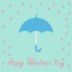 Pink heart rain blue umbrella. Flat design Happy Valentines day 
