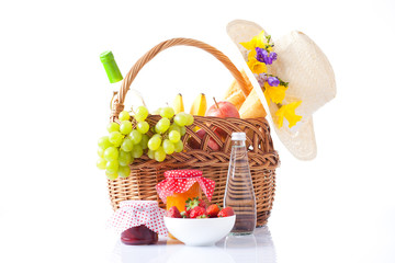 White wine, fruit and picnic food