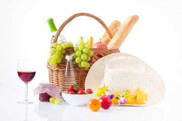 White wine, fruit and picnic food