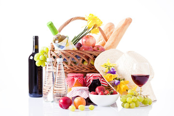 White wine, fruit and picnic food