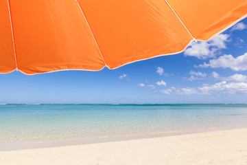 under an orange sunshade