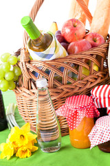 White wine, fruit and picnic food