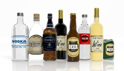 3D collection of alcoholic beverages bottles