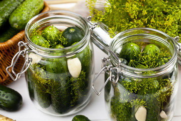 Homemade pickles in brine with garlic, dill and horseradish