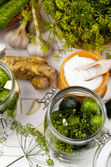 Homemade pickles in brine with garlic, dill and horseradish