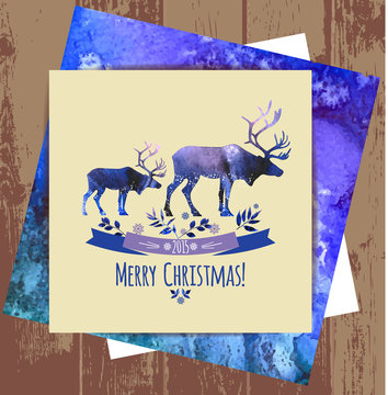 Deers christmas illustration. watercolor card.