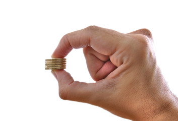 Hand with coins isolated on white