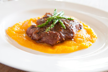 Steak with Butternut Squash Puree