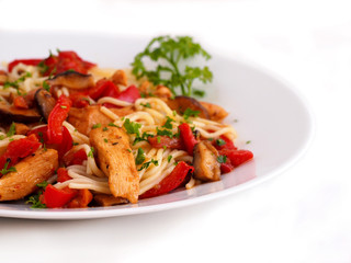 Fried chicken fillet, mushrooms and vegetables