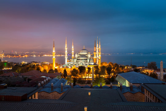 Blue Mosque in Istanbul at sunset higher point of view
