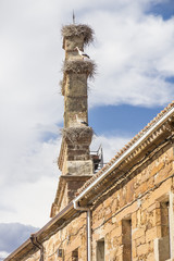 Fototapeta na wymiar bell tower with nests of storks in Tabara, Spain