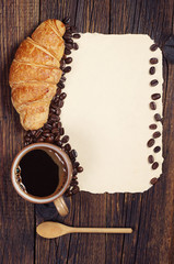 Naklejka na ściany i meble Coffee, croissant and old paper