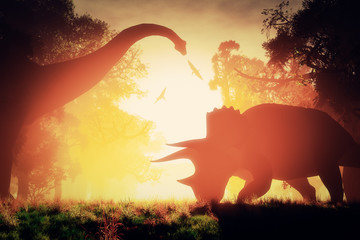 Mysterious Magical Prehistoric Fantasy Scene Sunset Sunrise 3D © boscorelli