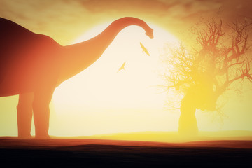 Mysterious Magical Prehistoric Fantasy Scene Sunset Sunrise 3D