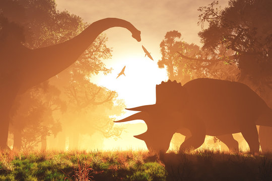 Fototapeta Tajemnicza Magiczna Prehistoryczna Scena Fantasy Sunset Sunrise 3D