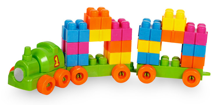 Train of colorful childrens building bricks