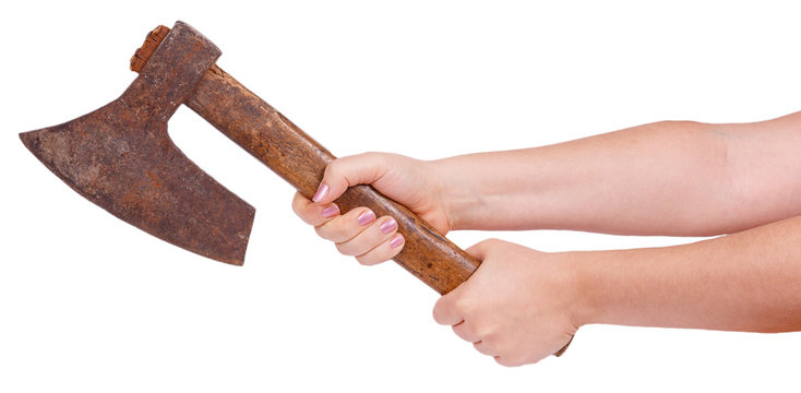 Old ax in female hands