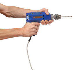 Man's hands holds a blue drill