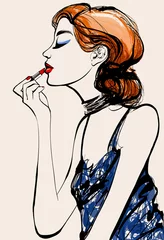Foto op Canvas Attractive woman fashion model applying lipstick © Isaxar