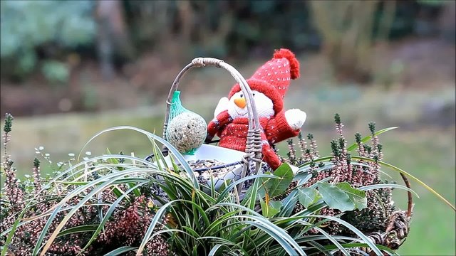Korb mit Puppe und Winterfutter f&uuml;r V&ouml;gel 