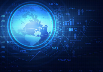 Globe with world map icons and charts.