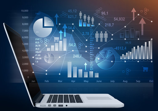 laptop computer and outside touch screen with chart icon.