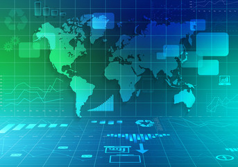 world map and icons of abstract charts.