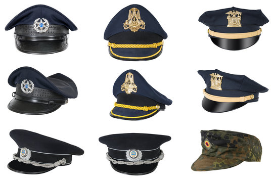 Collection of police peak-caps.