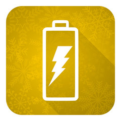 battery flat icon, gold christmas button, power sign