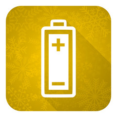 battery flat icon, gold christmas button, power sign