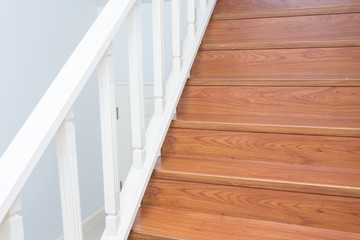 wooden staircase made from laminate wood in white modern house