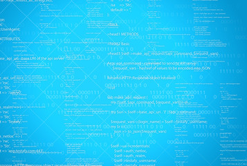 Abstract illustration with computer code and coding symbols.