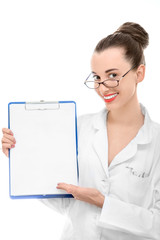 Portrait of young woman doctor on white background