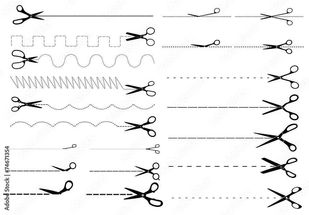 Wall mural dotted and dashed cut lines with scissors set