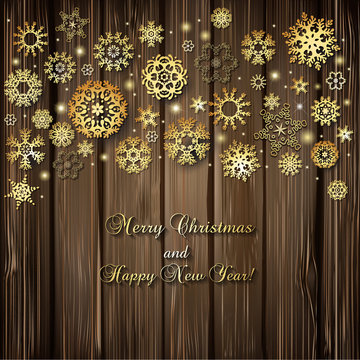 Christmas background with golden snowflakes and lights