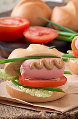 Little cheerful hot dog with sausage and tomato