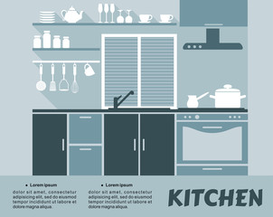 Modern blue kitchen interior in flat design