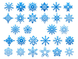 Blue winter snowflakes icons set